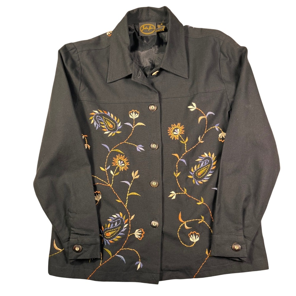 Julia Kim Embroidered Jacket Black‎ Floral Button Front Medium